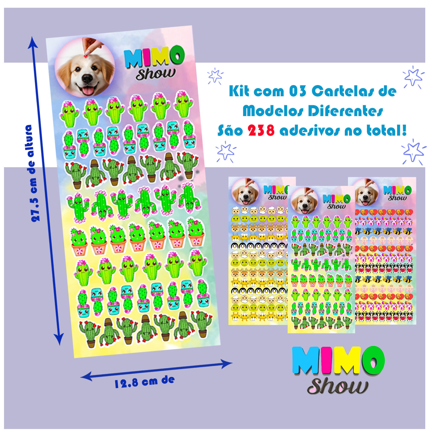 Kit com 238 Adesivos Sticker Pet 03 Cartelas Cão e Gato