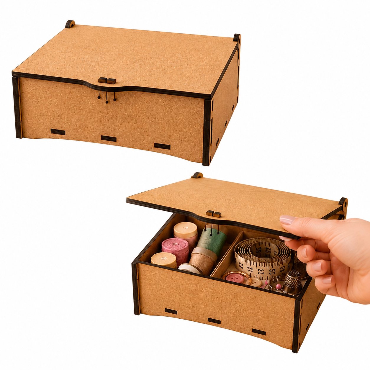 Kit 10 Caixas de Costura MDF Cru 3mm com Tampa Abre e Fecha