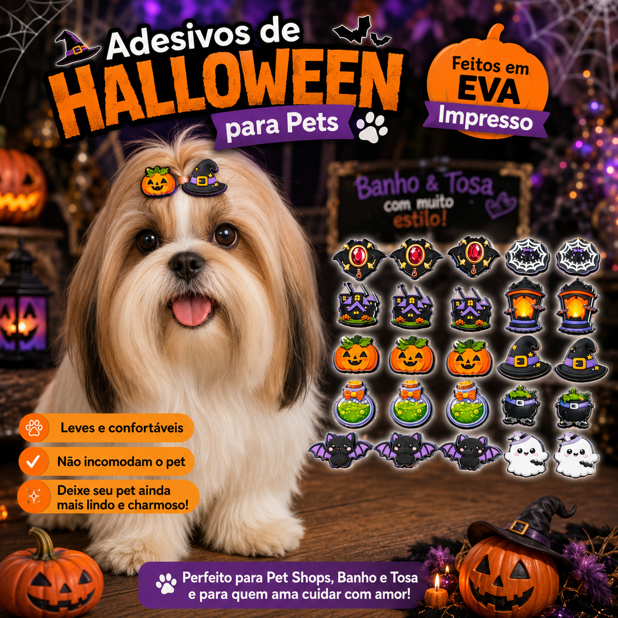 50 Adesivos Halloween Encantado EVAPet Shop Cão Banho e Tosa