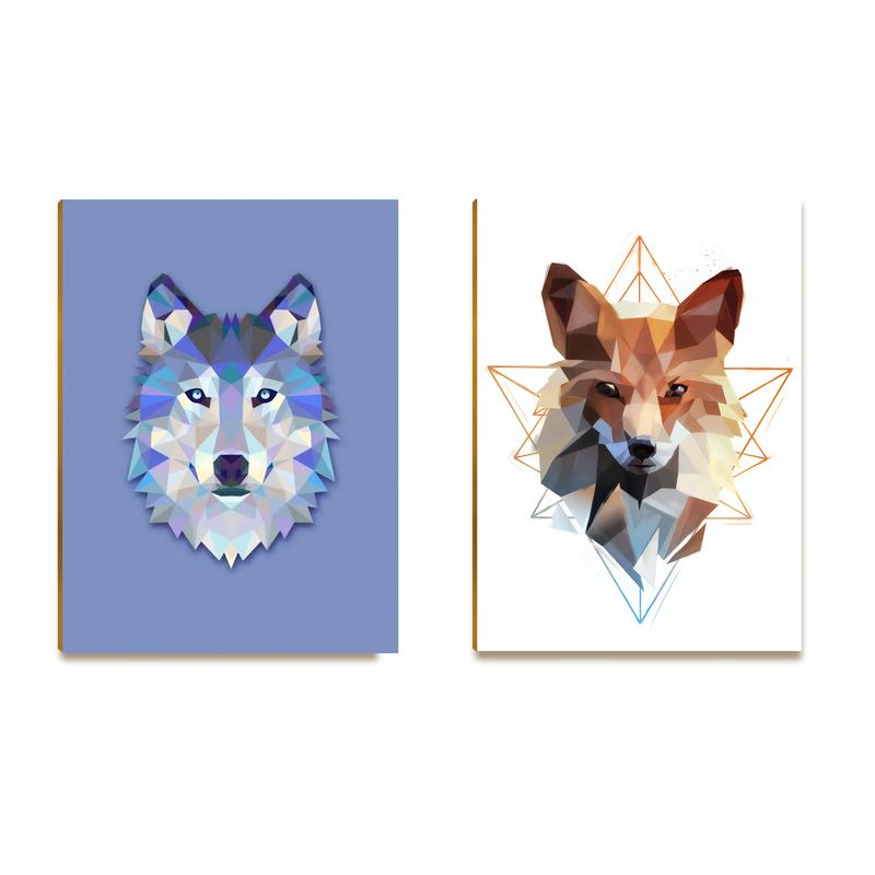 Kit 02 Placas MDF Lobo e Raposa Decoração Parede Tam A4