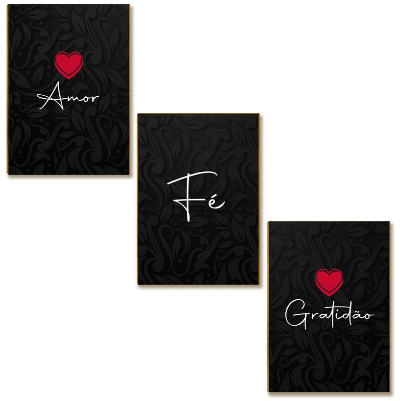 Kit 03 Placas MDF Amor Fé Gratidão Decoração Tam A4 AR5