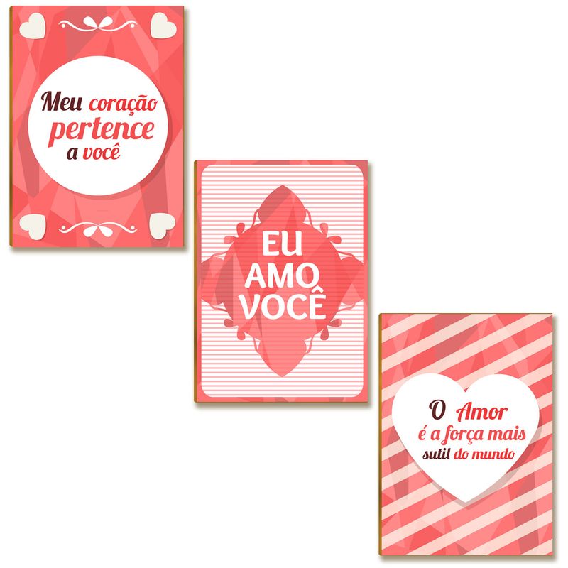 Kit 03 Placas MDF Eu Amo Você Decoração Quadros Tam A4 AR10