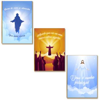 Kit 3 Placas MDF Parede Frases Religiosas Jesus Cristo FE12