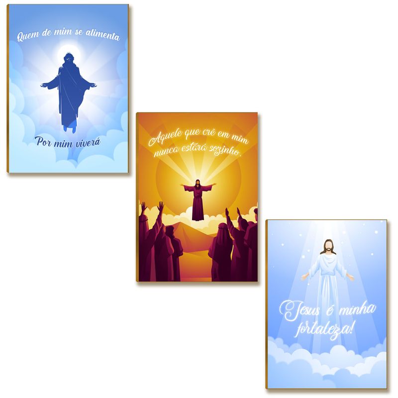 Kit 3 Placas MDF Parede Frases Religiosas Jesus Cristo FE12