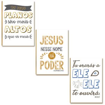 Kit 3 Placas MDF Frases Jesus Nesse Nome Tem Poder FE14