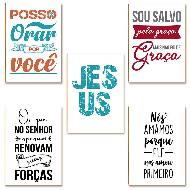 Kit com 5 Placas MDF Frases Cristãs Motivacionais A4 FE16