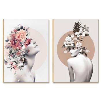 2 Placas MDF Mulher Floral Abstrata Decorativa Duas Unidades