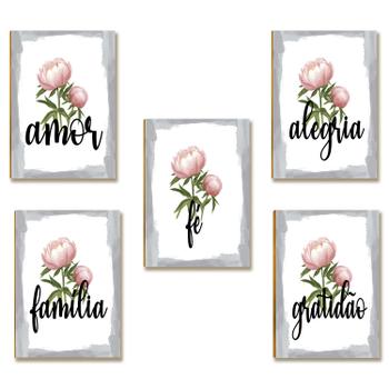 Kit 5 Placas MDF Floral Rosé Amor Alegria Fé Família A4