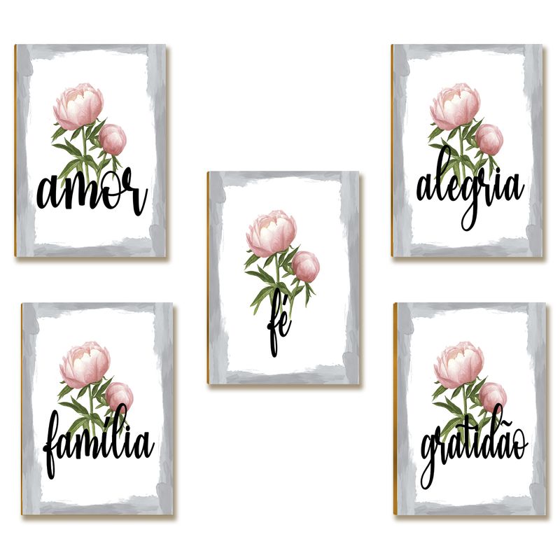 Kit 5 Placas MDF Floral Rosé Amor Alegria Fé Família A4