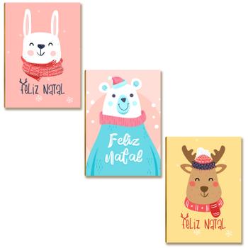 Kit 3 Placas MDF Natal Coelho Urso Rena Cute Decor A4