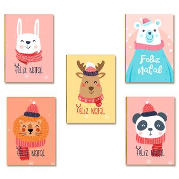 Kit 5 Placas Decorativas Natal Animais Fofos Feliz Natal