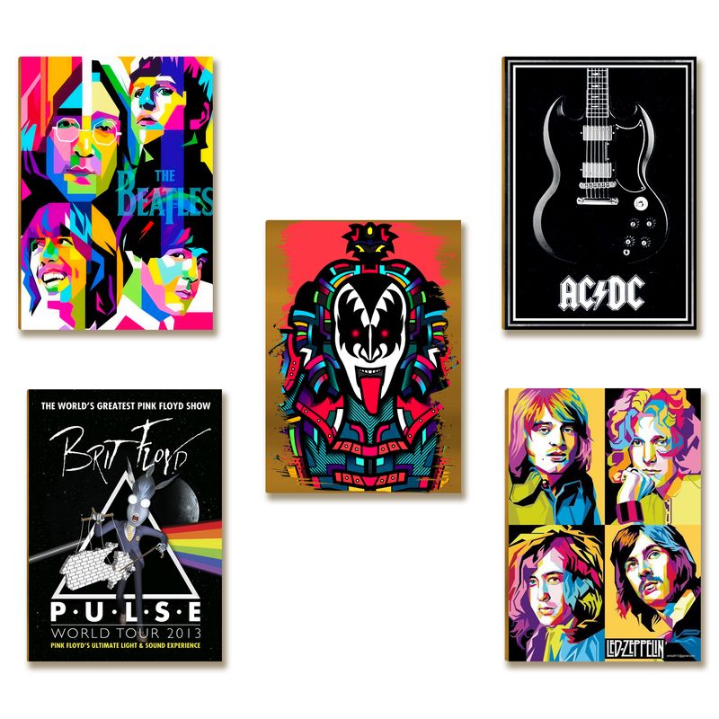 Kit 5 Placas Decorativas Rock Clássico Bandas Mix MDF