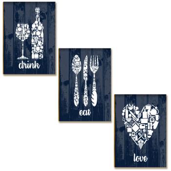Kit 3 Placas MDF Cozinha Drink Eat Love Rústico A4