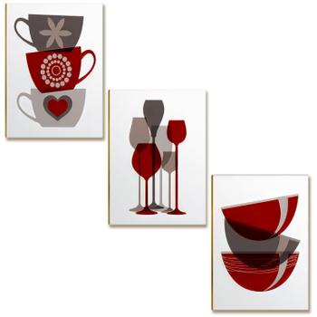 Kit 3 Placas MDF Cozinha Taças Xícaras Vermelho A4 Decor